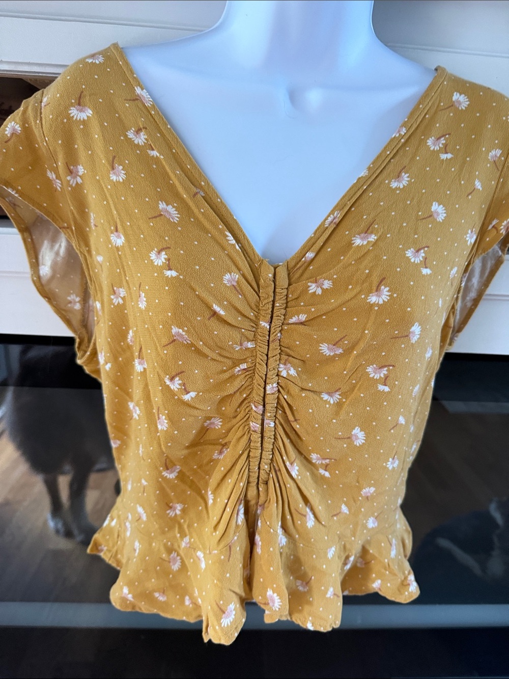 American Eagle Outfitters Mustard Floral Ruched V-Neck Peplum Blouse